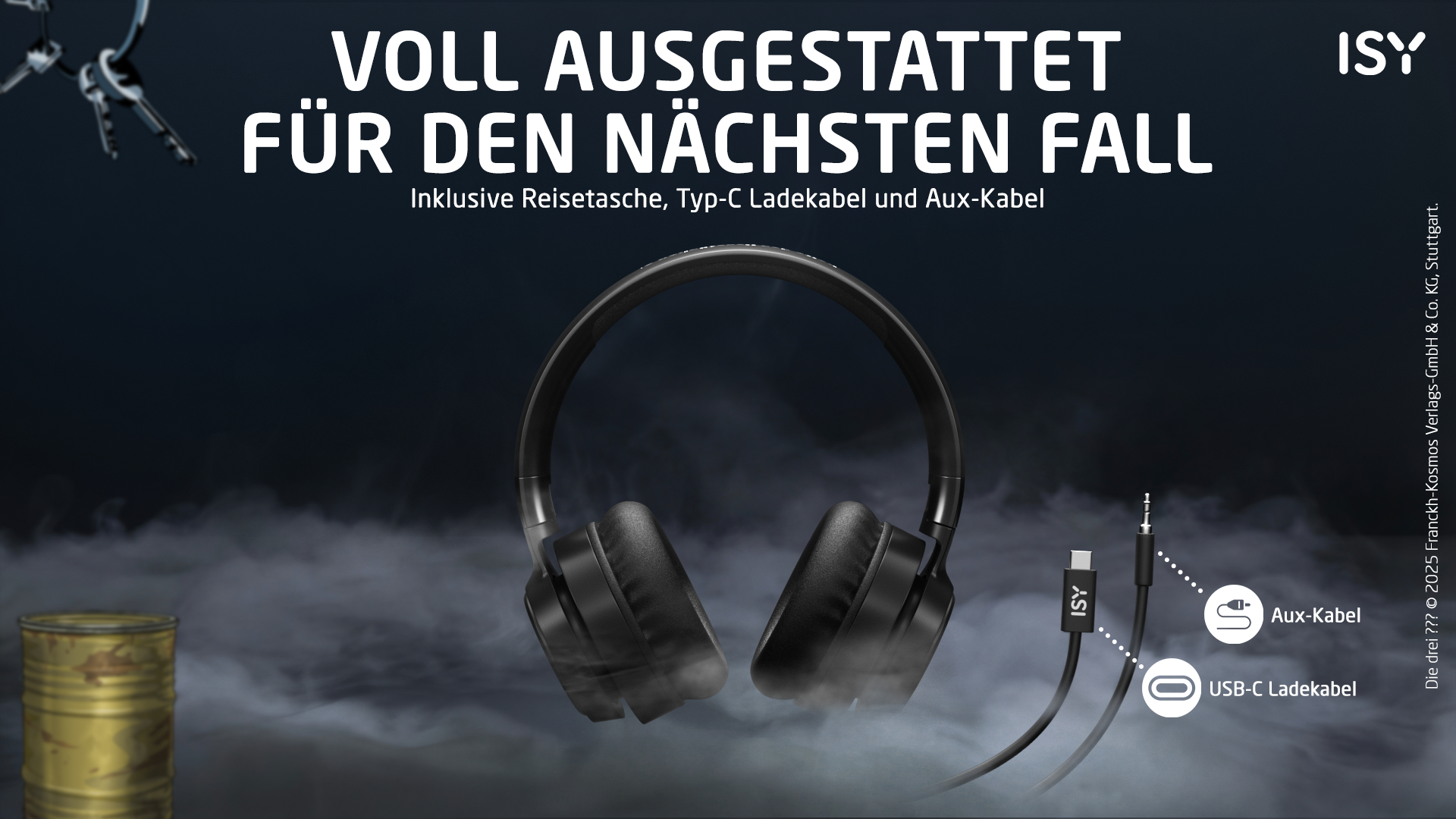 Schwarze Kopfhörer mit Kabeln und Text, daneben eine gelbe Tonne.