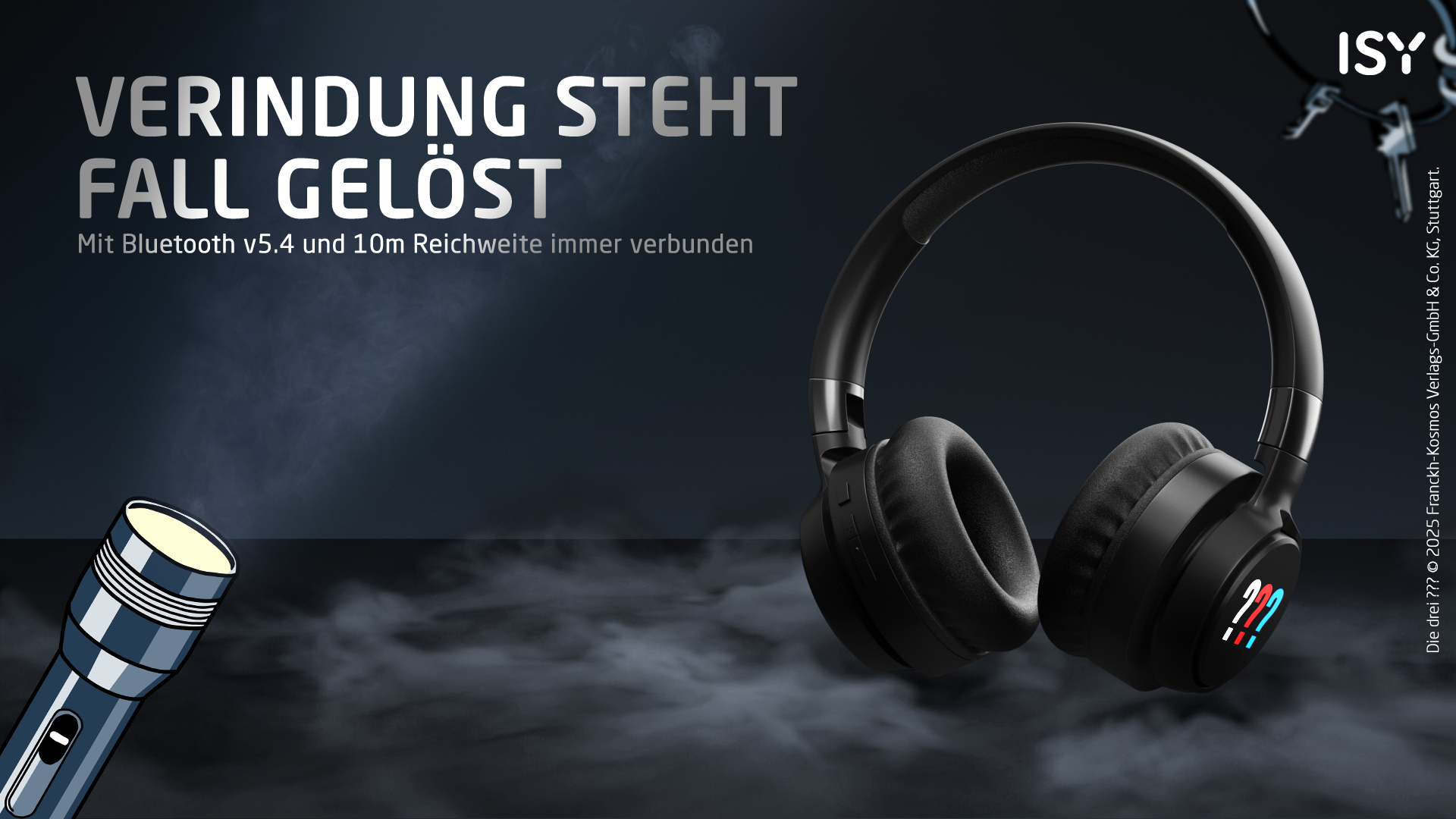 Schwarze Kopfhörer mit einer Taschenlampe und Nebel. Text: VERBINDUNG STEHT FALL GELÖST.
