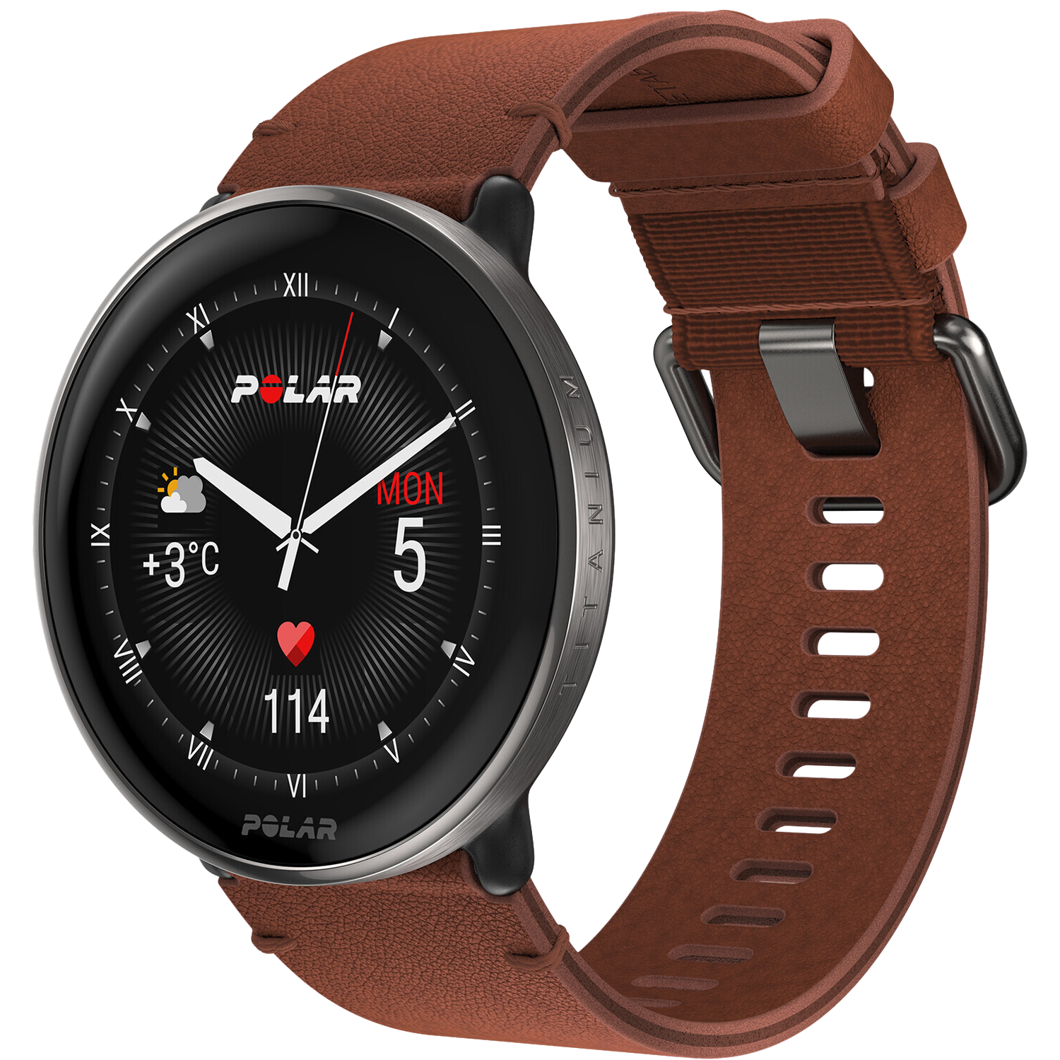 Montre connectée en cuir marron avec cadran noir affichant 3°C, rythme cardiaque et 114.