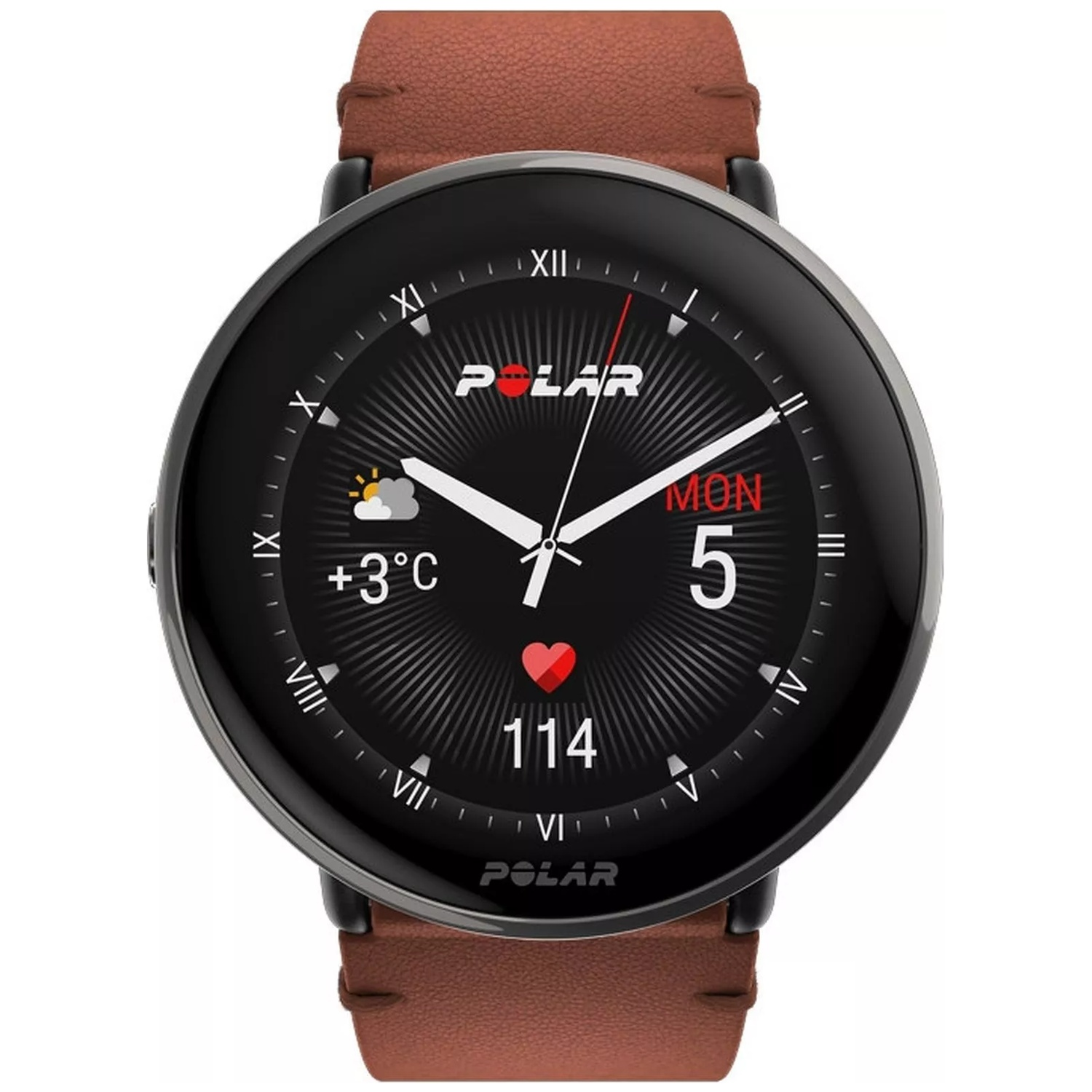 Cadran de montre connectée Polar noire avec bracelet en cuir marron affiche 3°C.