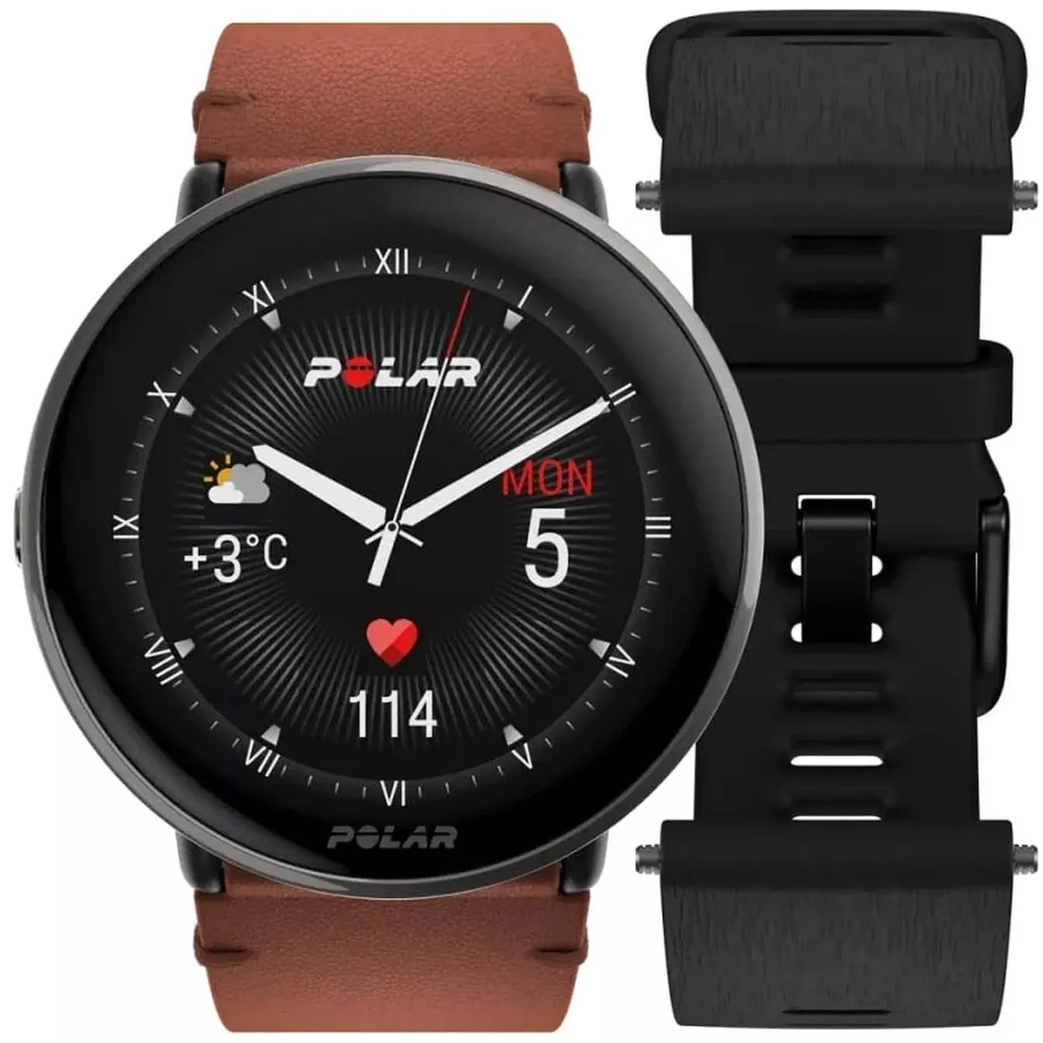 Une montre connectée Polar avec bracelet en cuir marron et bande noire.