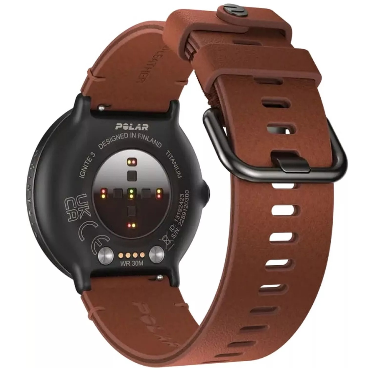 Vue arrière d'une montre connectée Polar Ignite 3 marron avec bracelet en cuir.