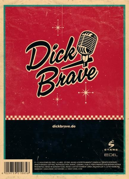 Vintage Poster: Dick Brave Schriftzug mit Mikrofon und Sternen.