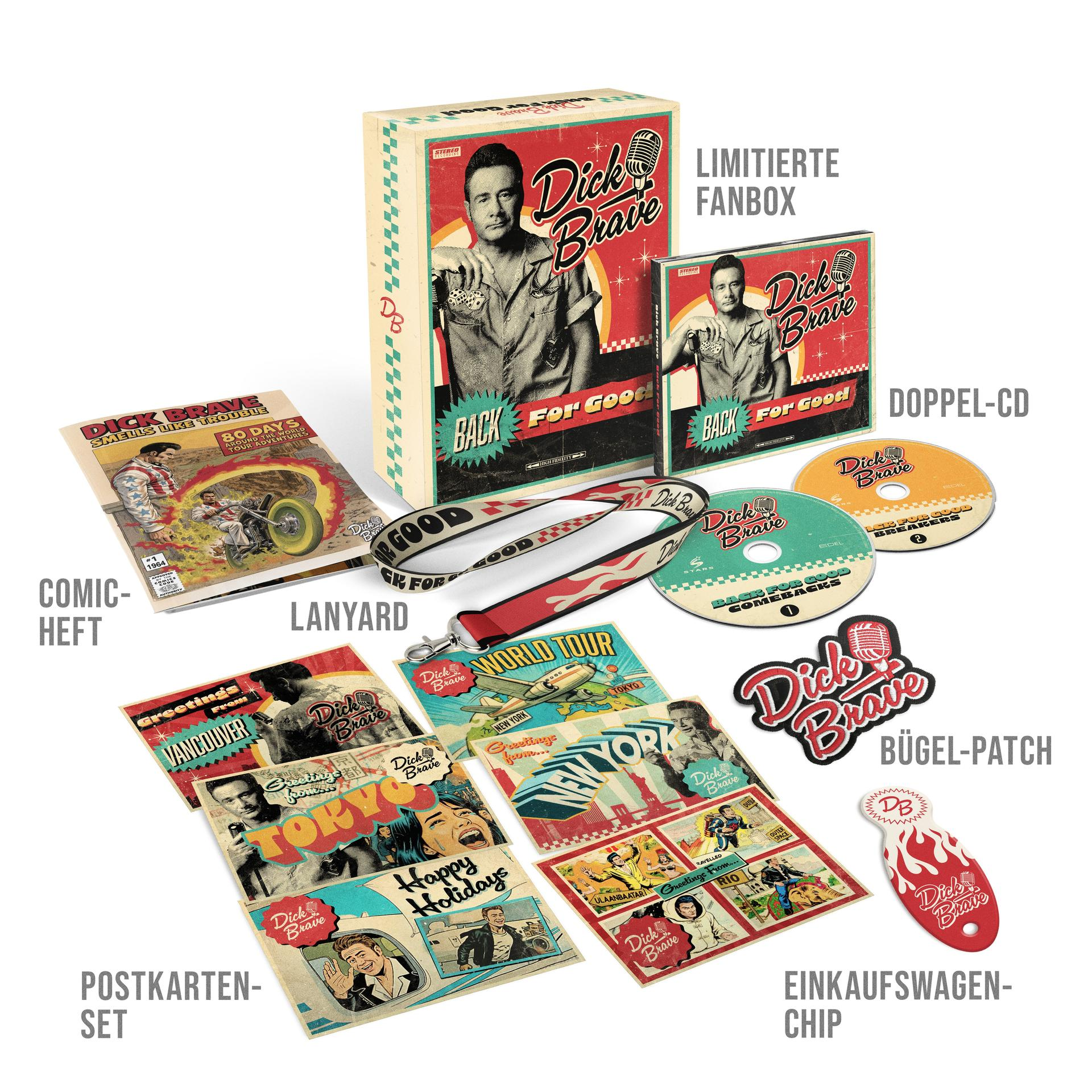 Dick Brave Fanbox mit CDs, Comic, Postkarten, Lanyard, Aufnäher und Einkaufswagenchip.