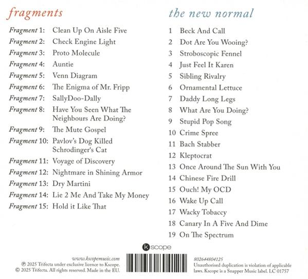 Album-Cover mit zwei Spalten mit Songtiteln, links 'fragments', rechts 'the new normal'.