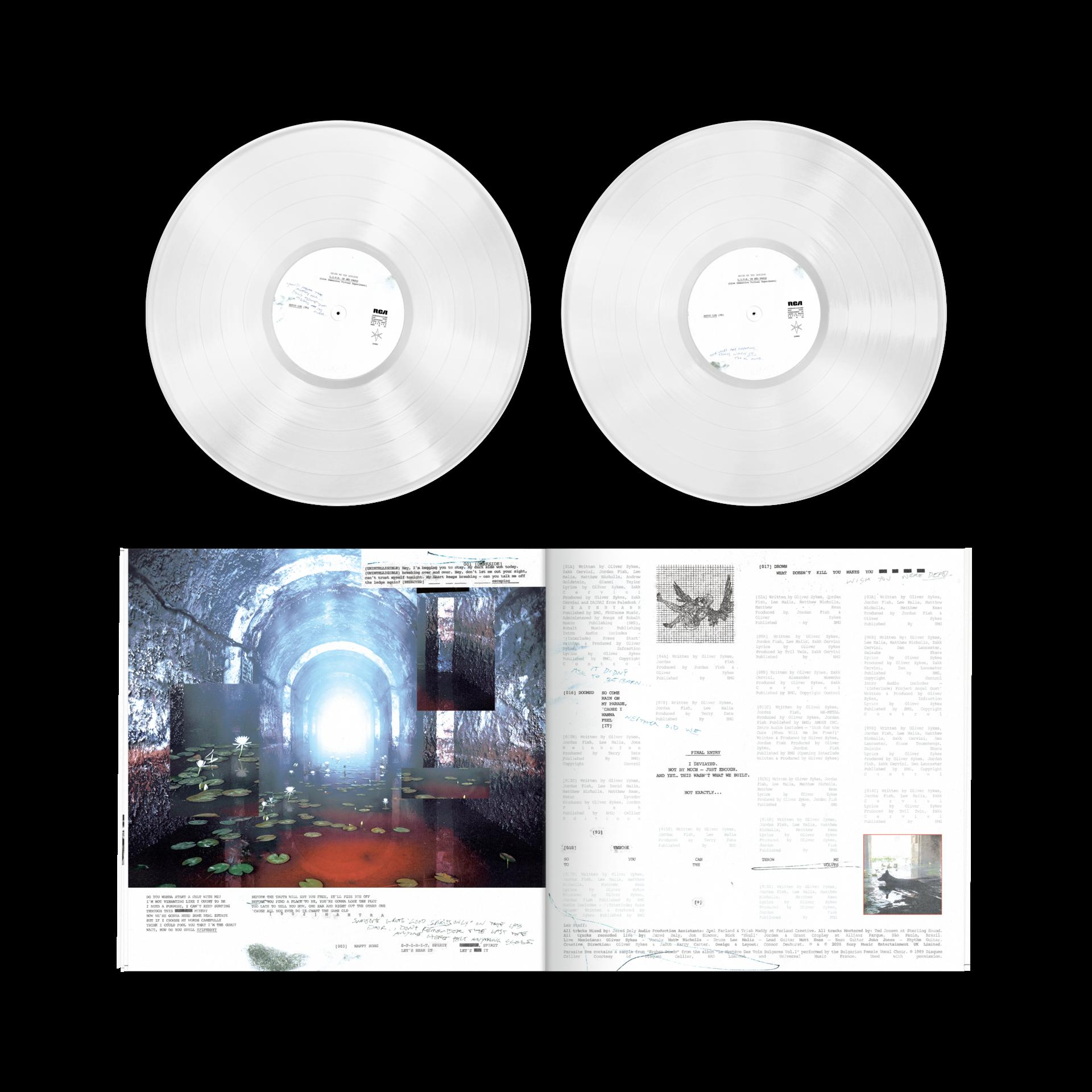 Zwei transparente Schallplatten liegen nebeneinander, daneben ein aufgeschlagenes Album mit Texten und Bildern.