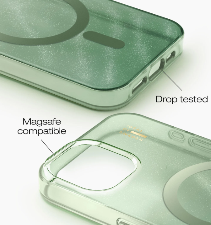 Grüne Handyhülle mit MagSafe-Kompatibilität und Falltest-Hinweis.