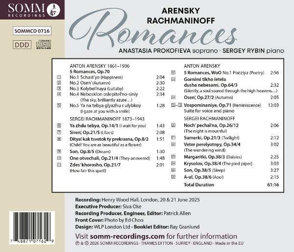 Albumcover mit Musikliste von Arensky und Rachmaninoff, Sopranistin und Pianist.