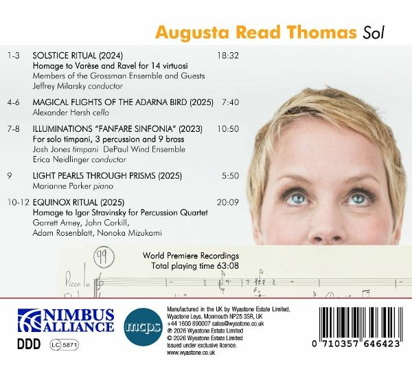 Augusta Read Thomas Sol CD-Cover mit Trackliste und Frau.