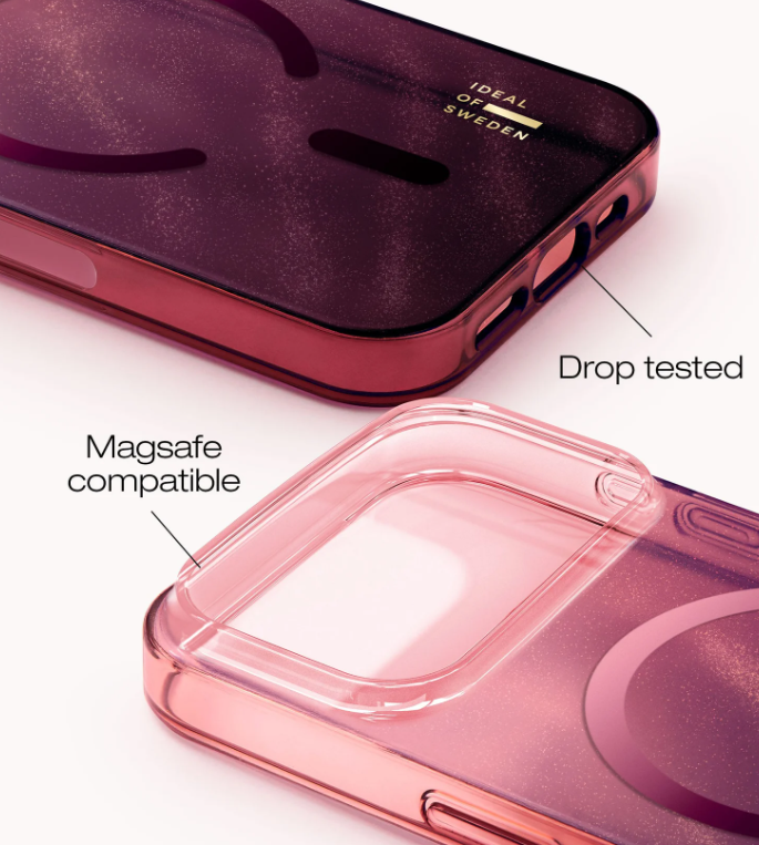 Zwei transparente rosa Handyhüllen, eine zeigt MagSafe-Kompatibilität, die andere ist sturzgetestet.