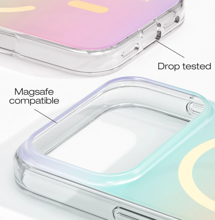 Transparente Handyhülle mit Farbverlauf; MagSafe kompatibel und sturzsicher.