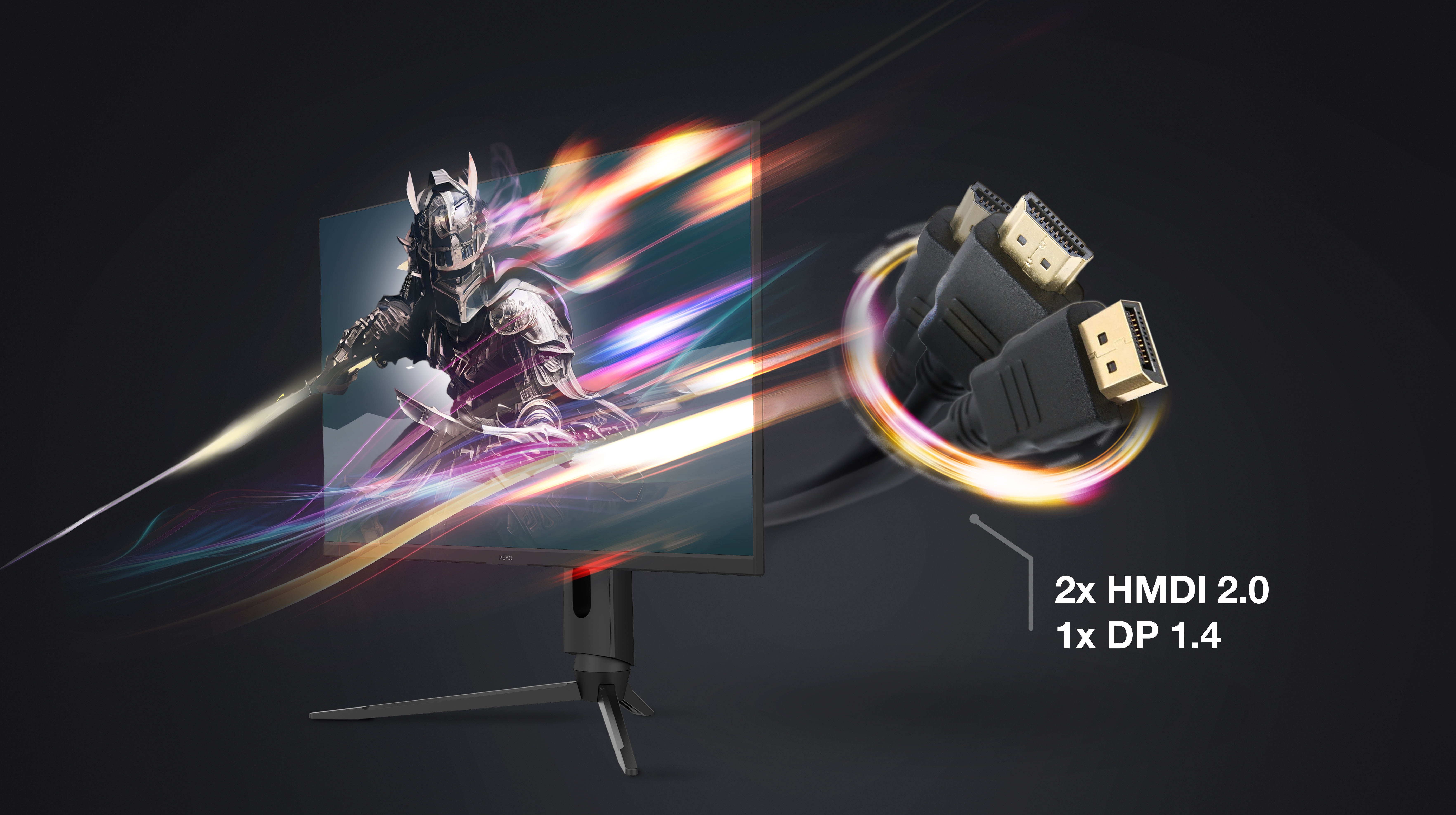 Ein Gaming-Monitor mit einem Ritter und HDMI/DP-Anschlüssen.