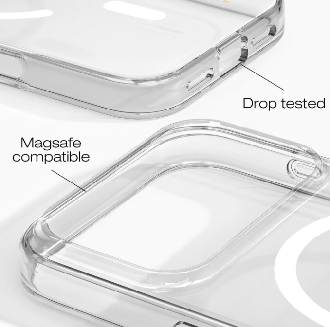 Transparente Handyhülle mit MagSafe-Kompatibilität und Sturztest-Label.