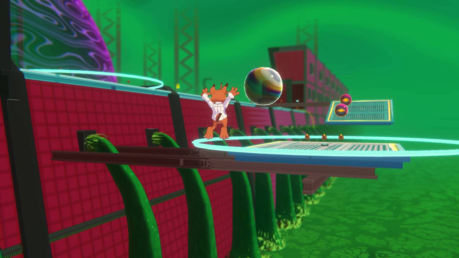 Un personaje zorro naranja salta en una plataforma, lanzando una pelota.