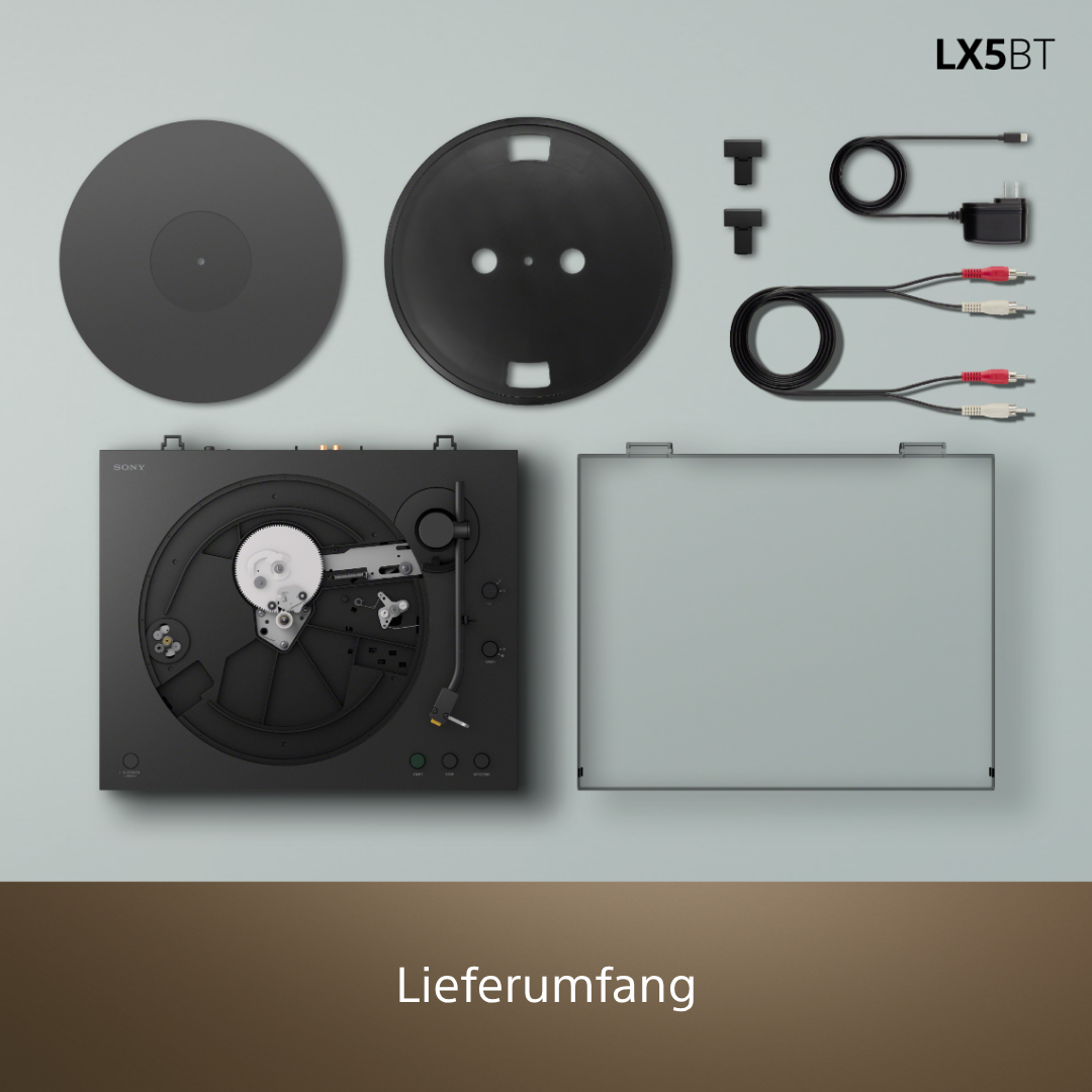 Sony Plattenspieler LX5BT mit Zubehör: Plattenteller, Haube, Kabel, Netzteil.