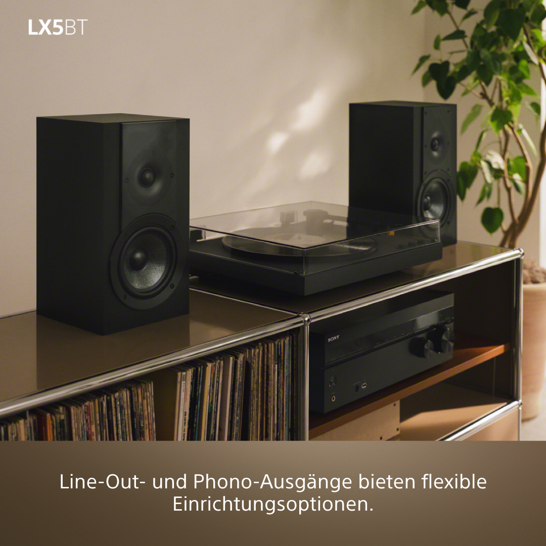 Schwarze Lautsprecher, Plattenspieler und Verstärker auf einem Regal mit Vinylplatten.