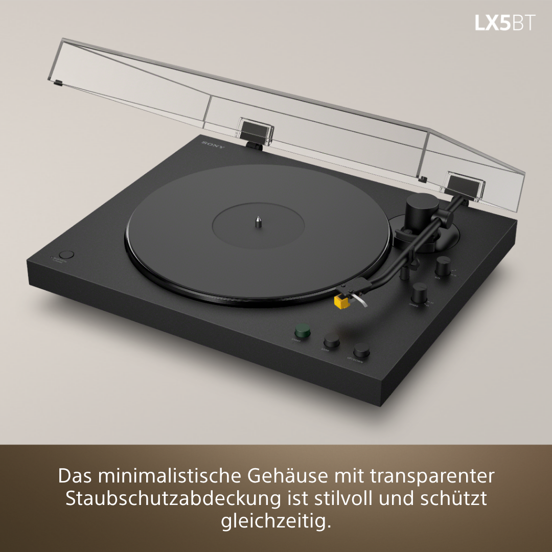 Schwarzer Plattenspieler mit transparenter Abdeckung und Tonarm.