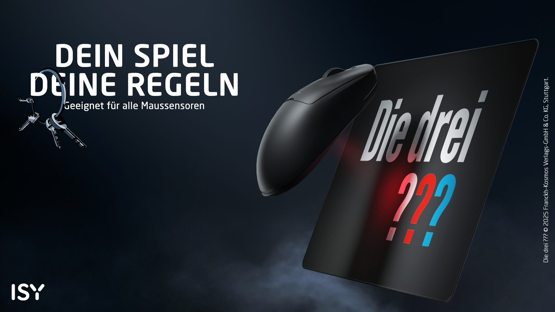 Eine Maus, Schlüssel und ein Tablet mit "Die drei ???