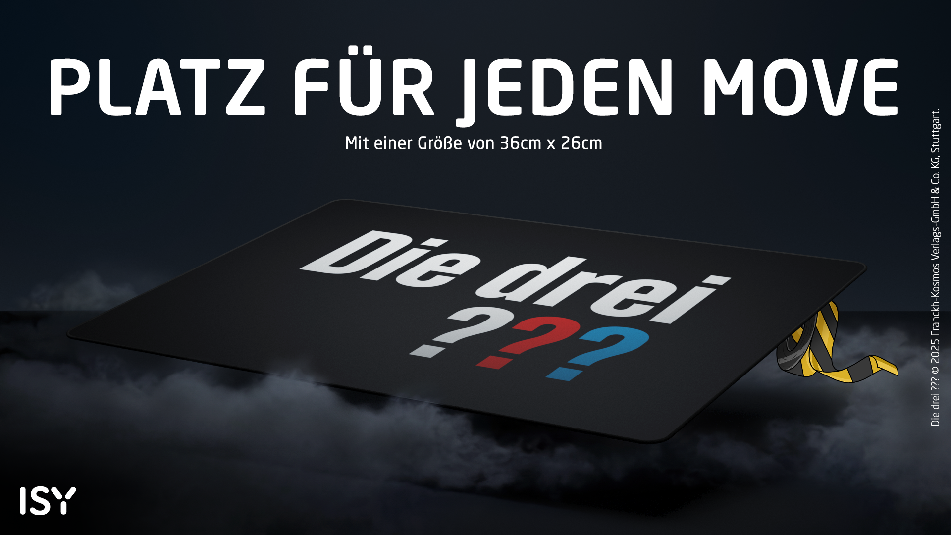 Schwarzes Spielbrett mit 'Die drei ???' Logo, Schriftzug 'Platz für jeden Move'.