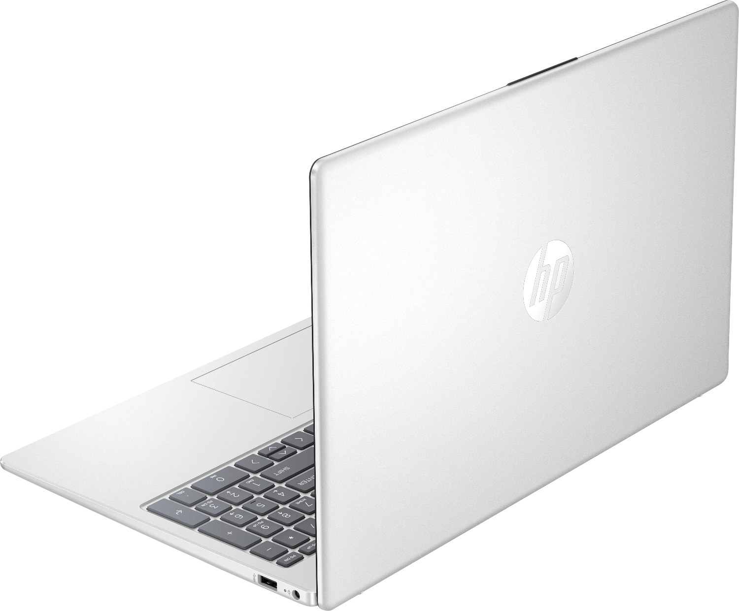 A white HP laptop with keyboard and HP logo on the lid.