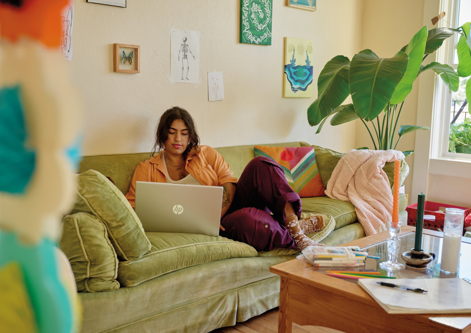 A woman sits on a green couch using a laptop, with a large ficus tree nearby.