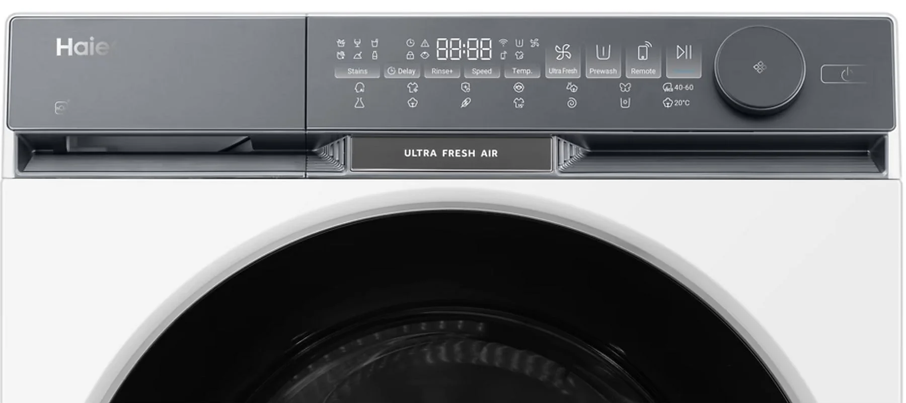 Haier mosógép vezérlőpult digitális kijelzővel és programgombokkal.