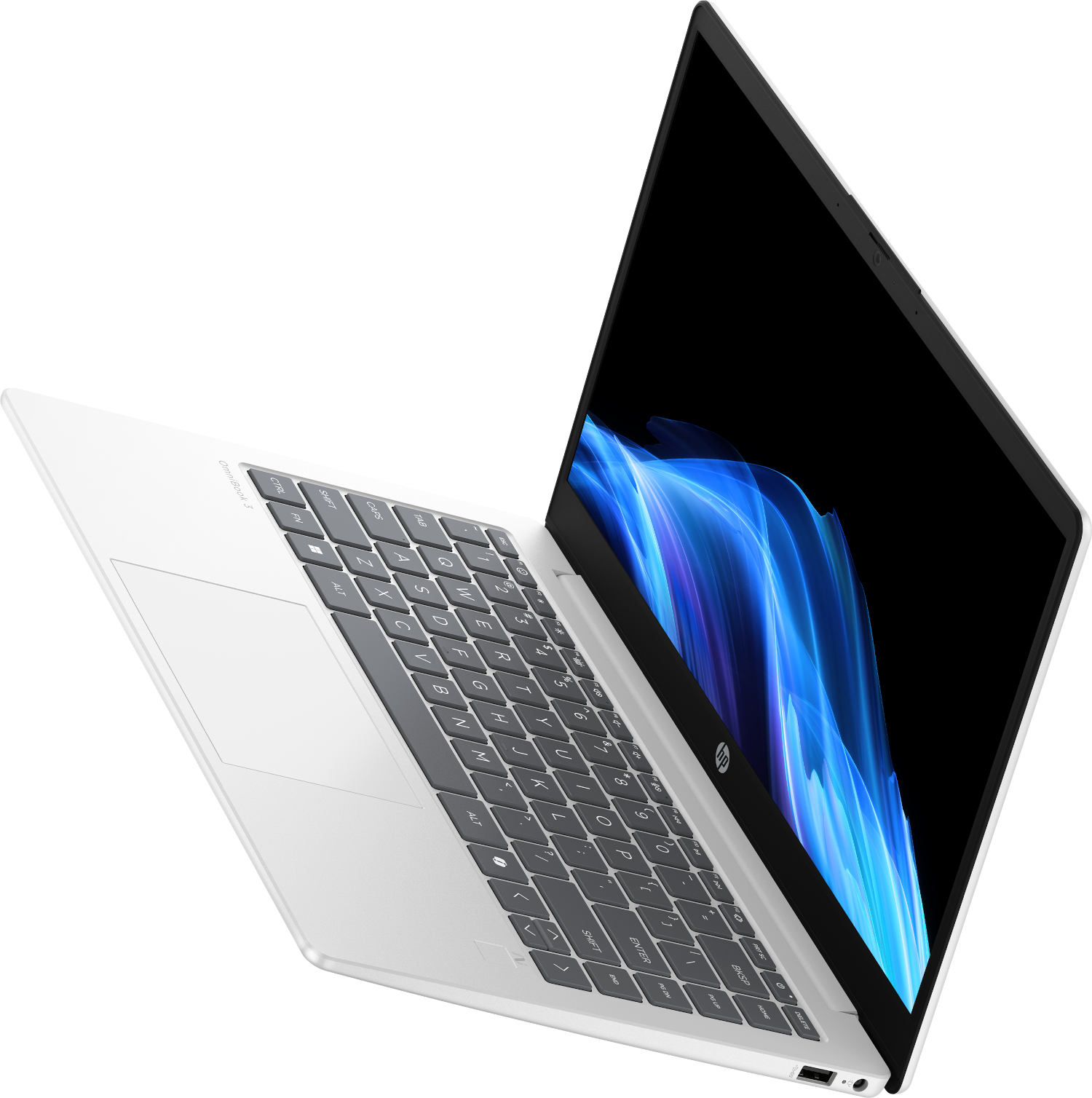 Een witte laptop met een blauwe abstracte achtergrond op het scherm.
