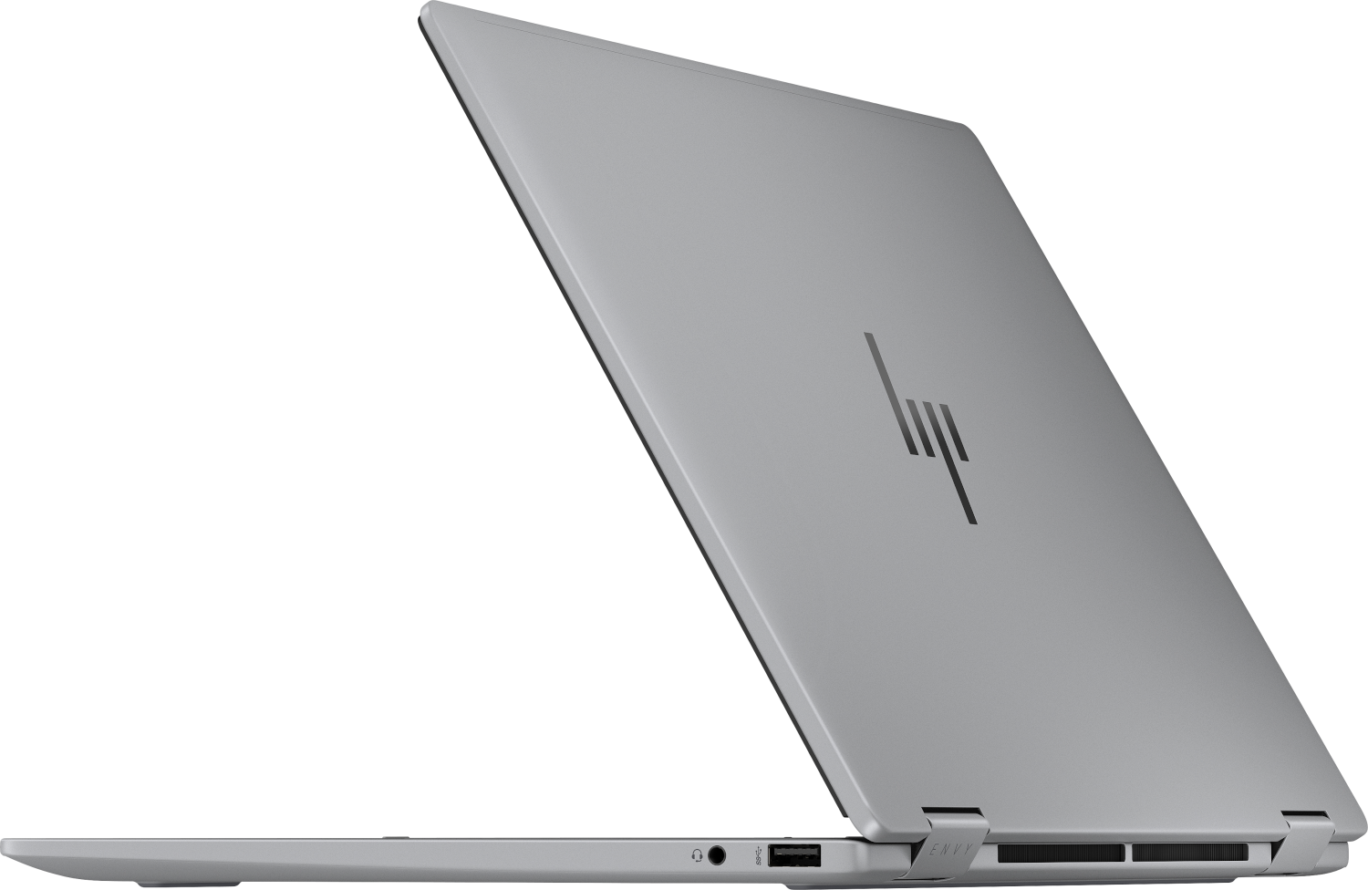 Een zilveren laptop met open deksel, HP-logo aan de bovenkant.