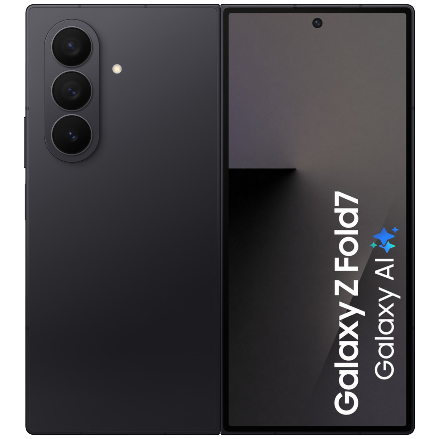A black, foldable Samsung Galaxy Z Fold7 smartphone with three rear cameras.