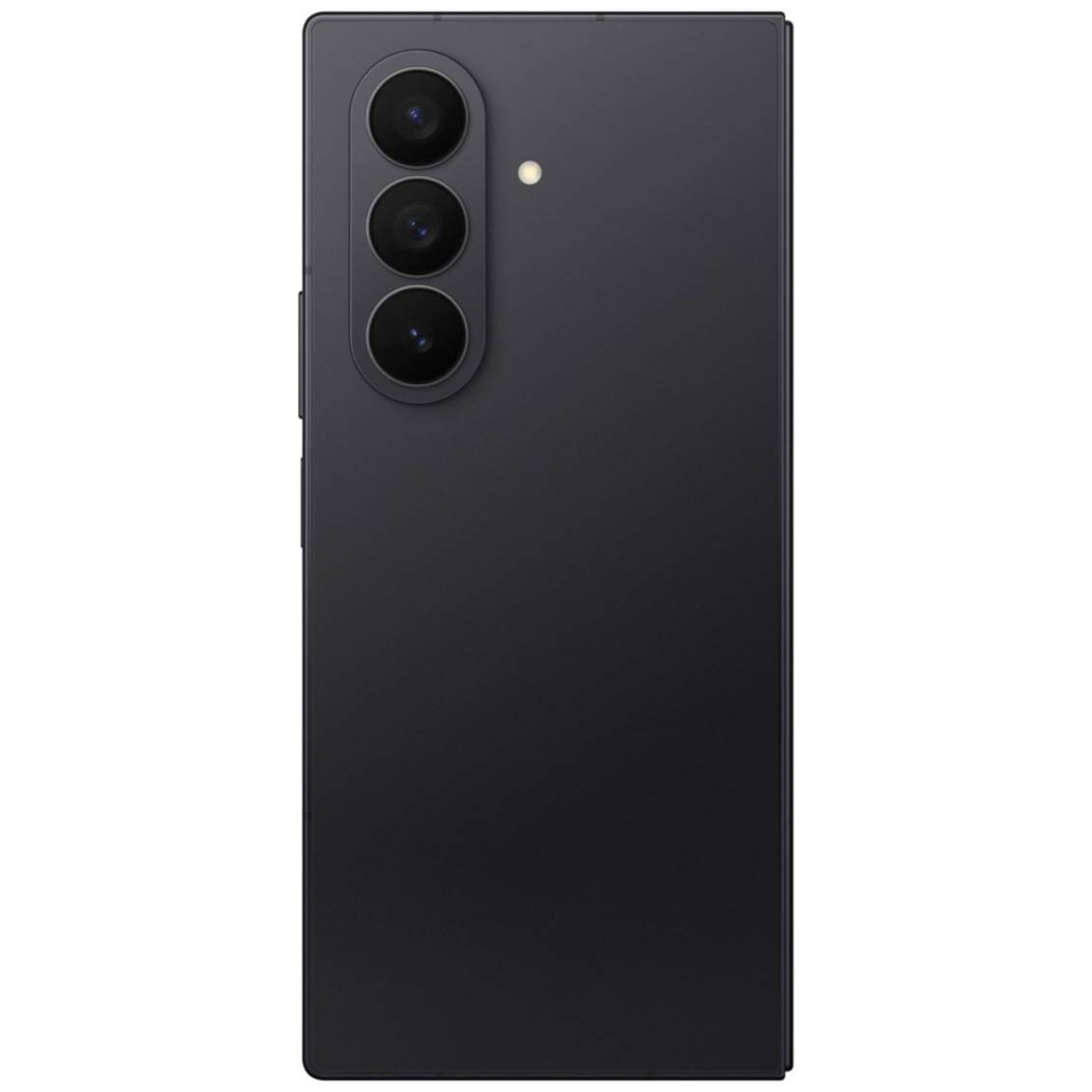 Back of a dark grey smartphone with three camera lenses and a flash.