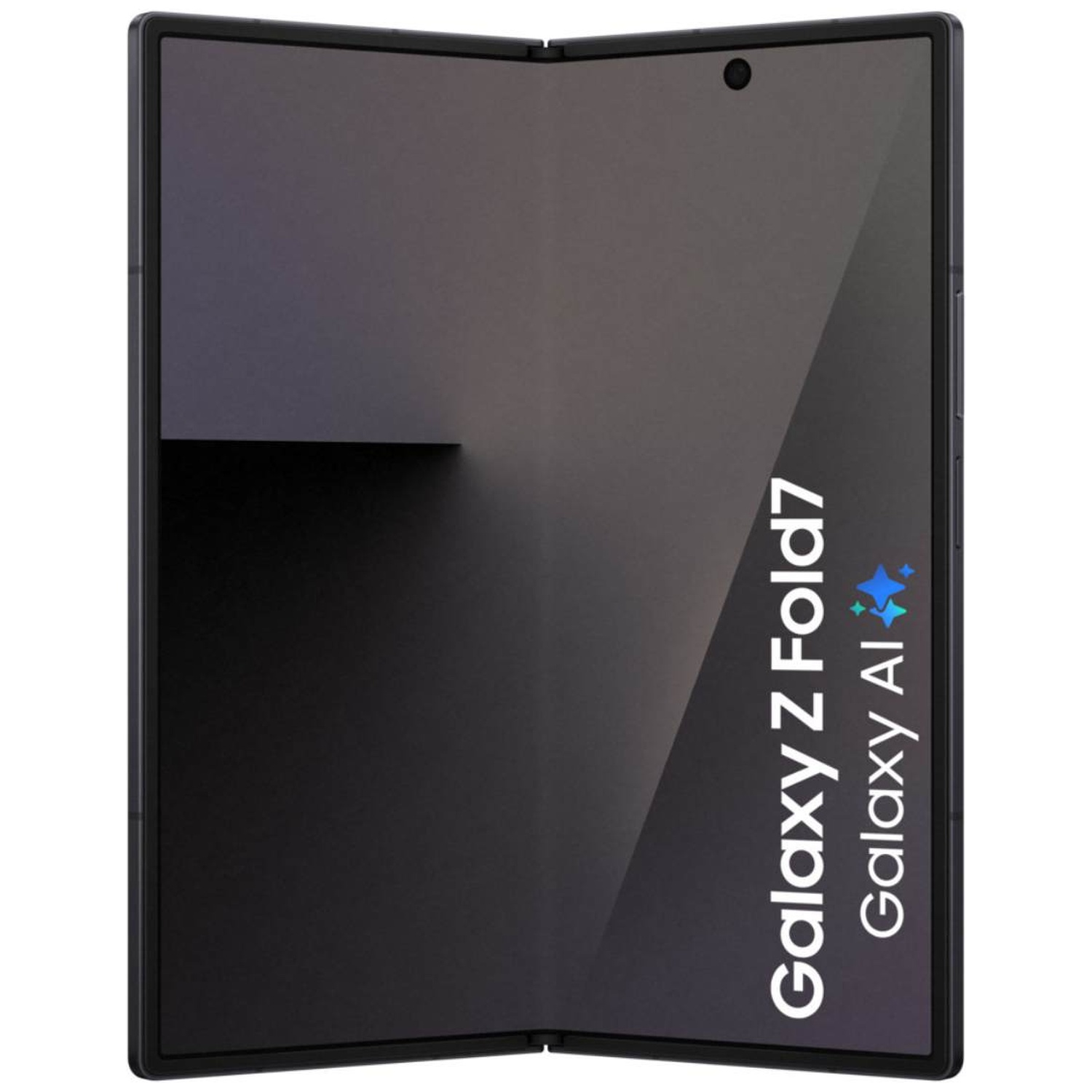 A closed Galaxy Z Fold7 smartphone with Galaxy AI text on its dark screen.