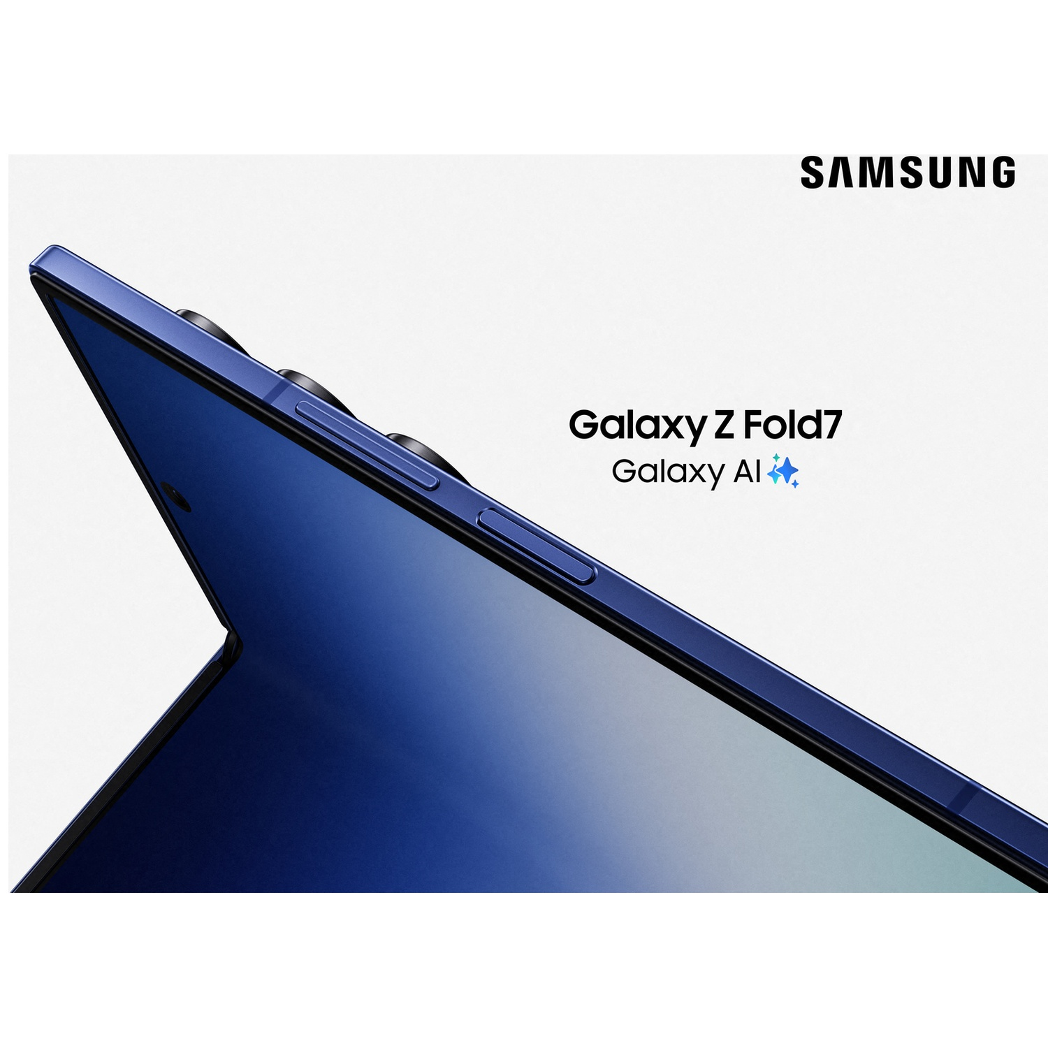 A blue Samsung Galaxy Z Fold7 with Galaxy AI logo on a white background.
