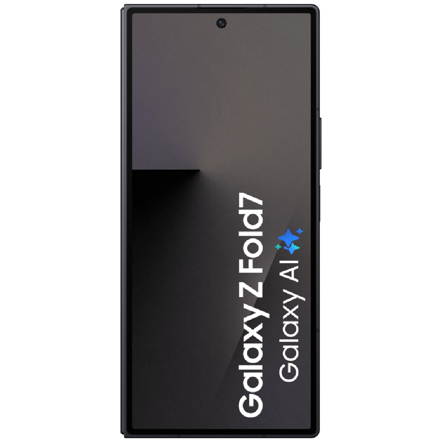 A black Samsung Galaxy Z Fold 7 phone with a screen displaying text and a camera lens.