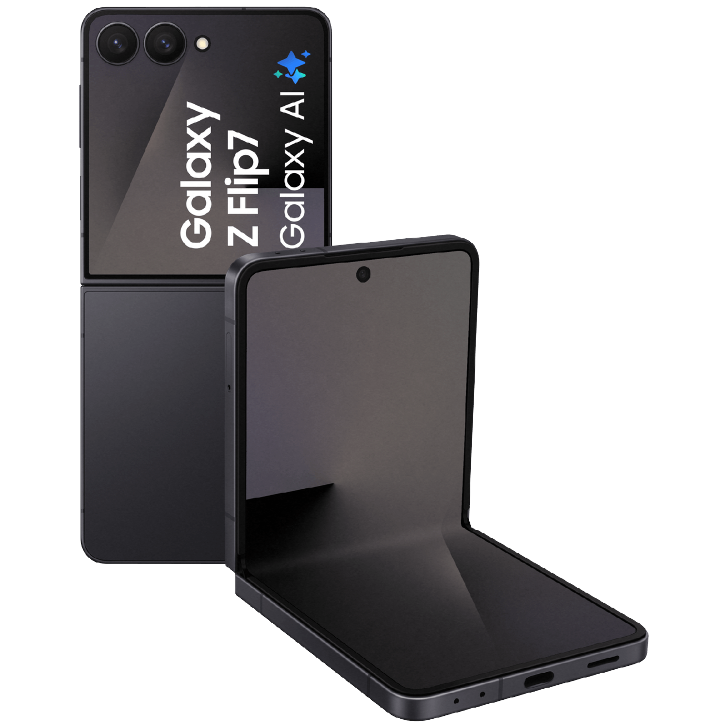 A black Samsung Galaxy Z Flip7 phone, partially open on a white background.