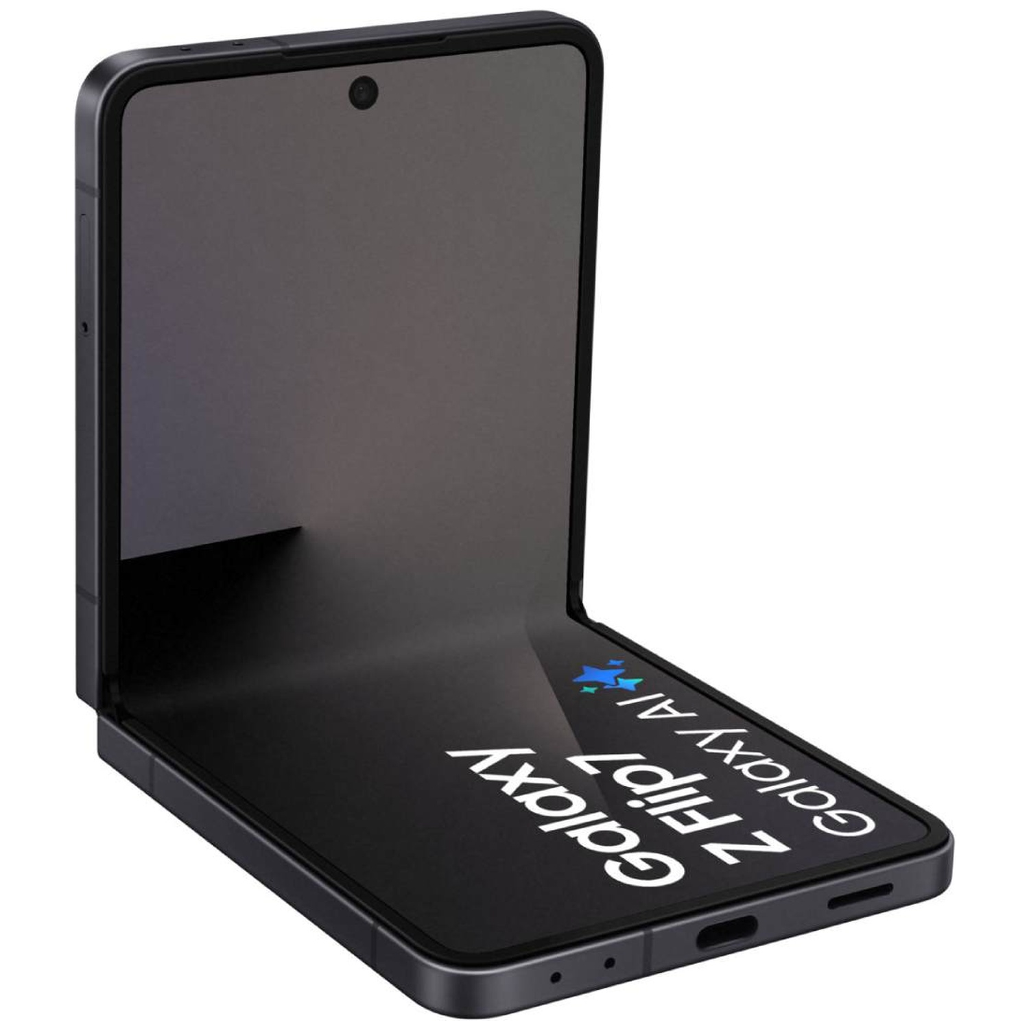 An open, dark smartphone with reflection.