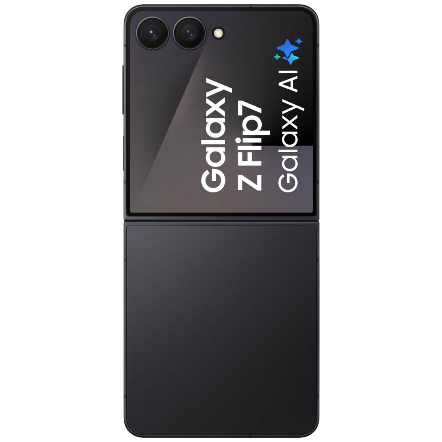 A closed black Samsung Galaxy Z Flip7 phone with camera module and logo.