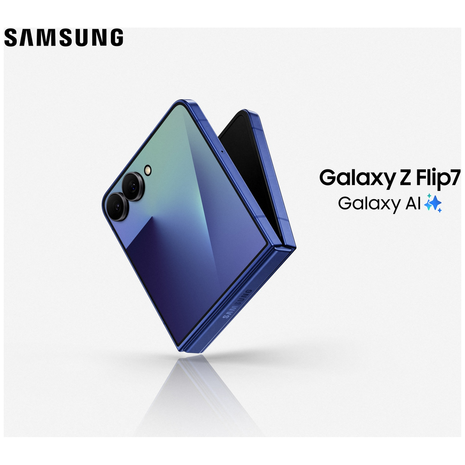 A blue Samsung Galaxy Z Flip7 unfolds, with the Samsung logo at the top.