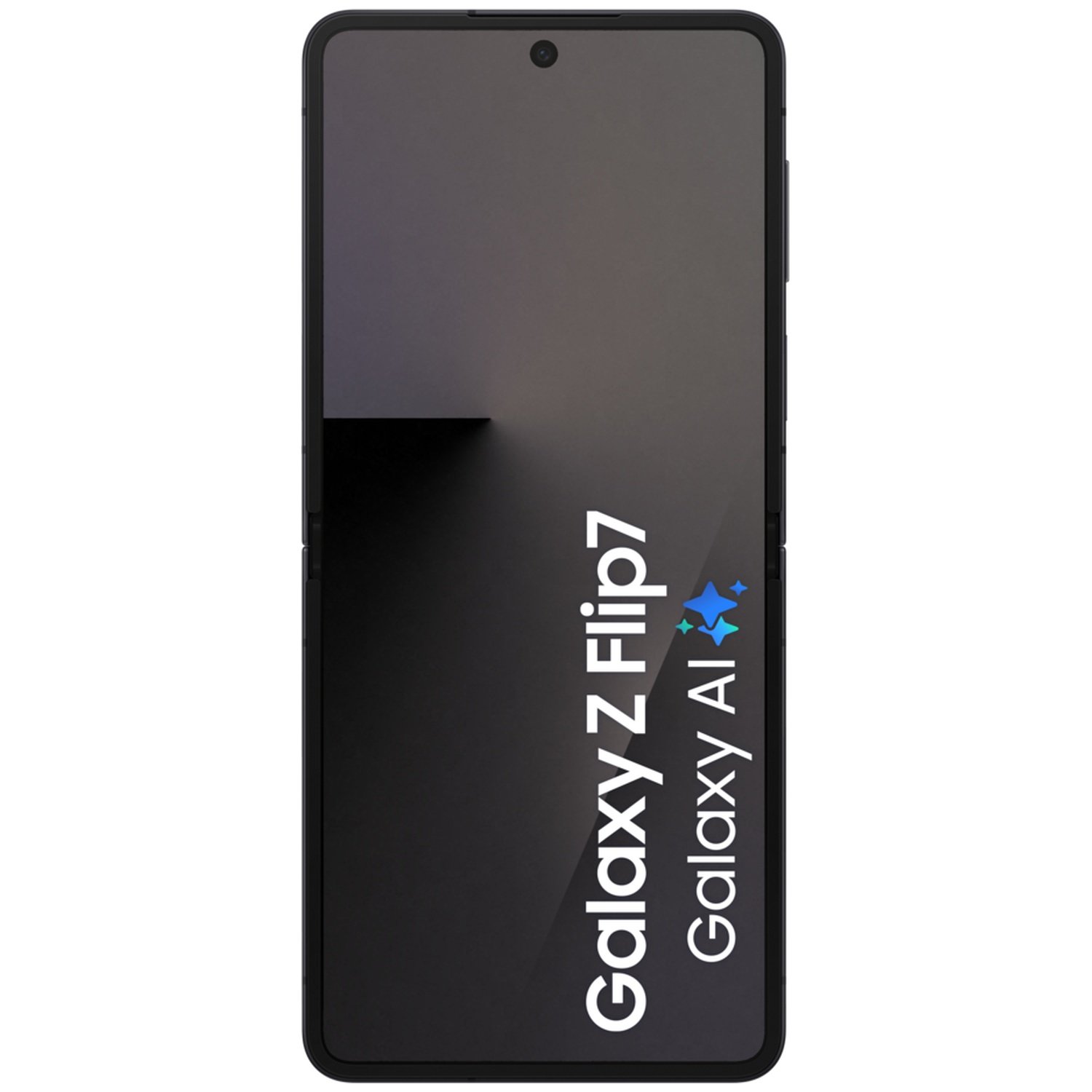 Black Samsung Galaxy Z Flip7 phone with Galaxy AI logo on screen.