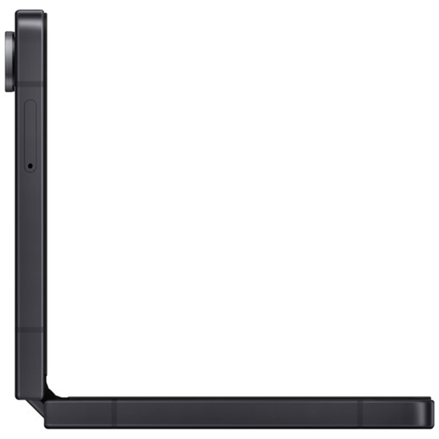 A dark smartphone, viewed from the side, folded in an L-shape.