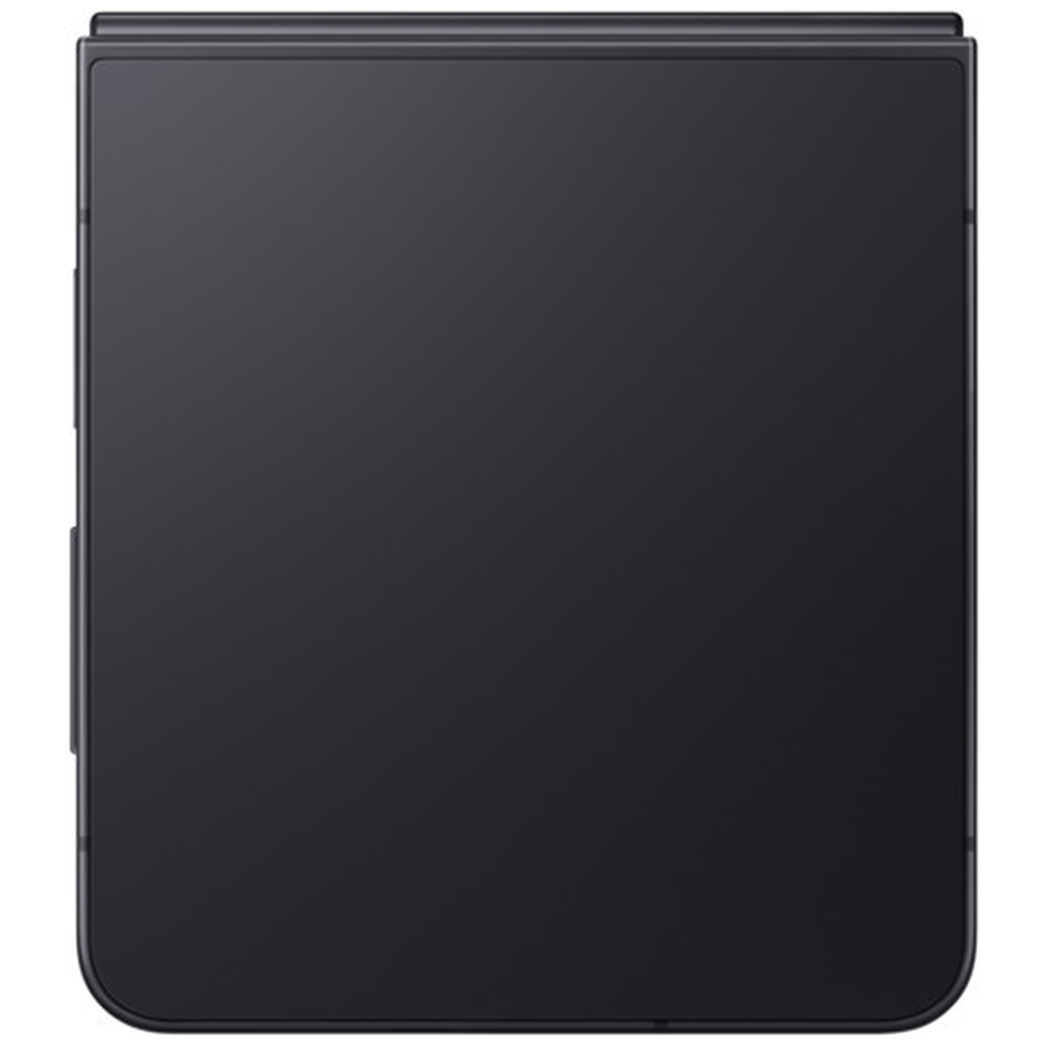 Closed dark smartphone with rounded corners, side view.