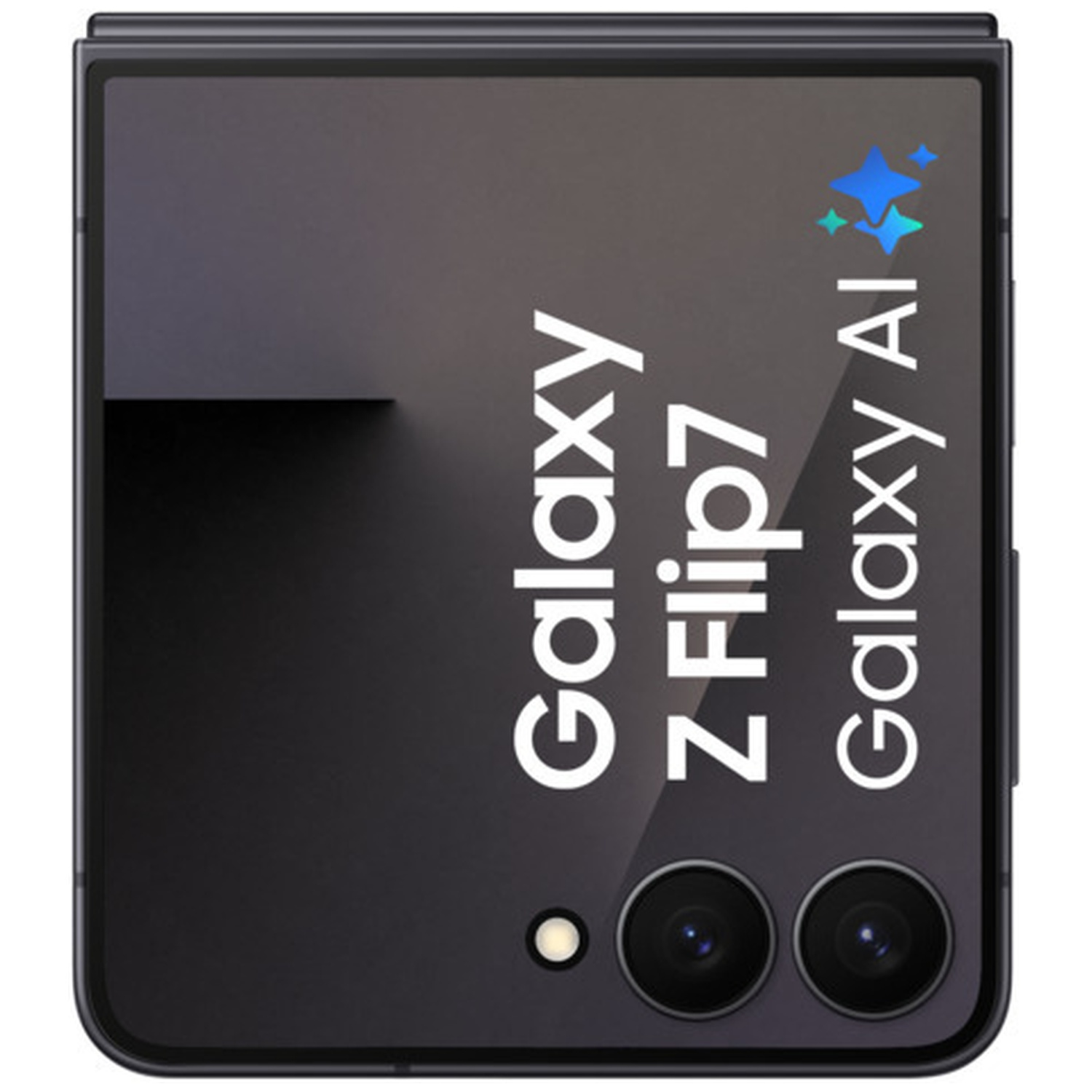 Dark foldable phone with two cameras and "Galaxy Z Flip7" text.