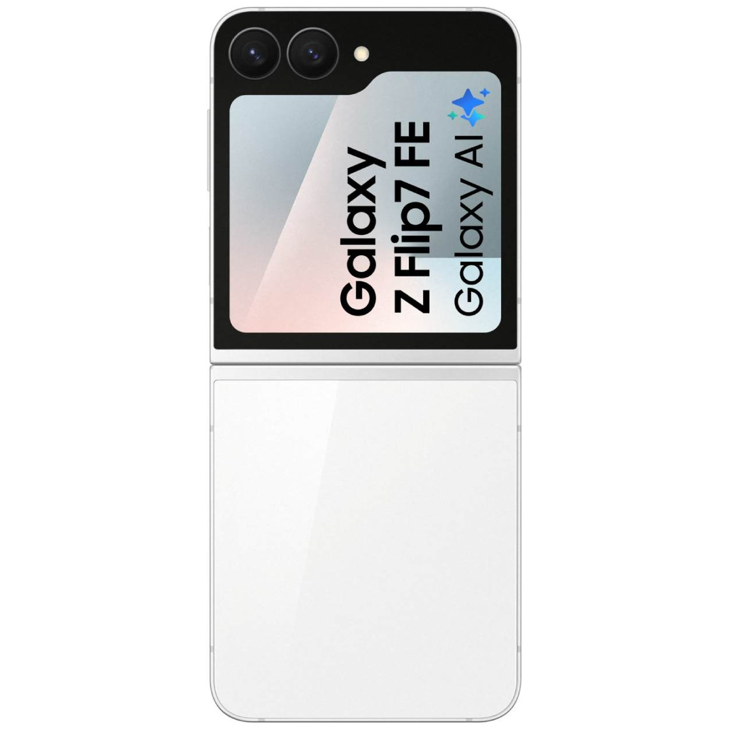 A white Samsung Galaxy Z Flip7 FE flip phone with two cameras on the top.