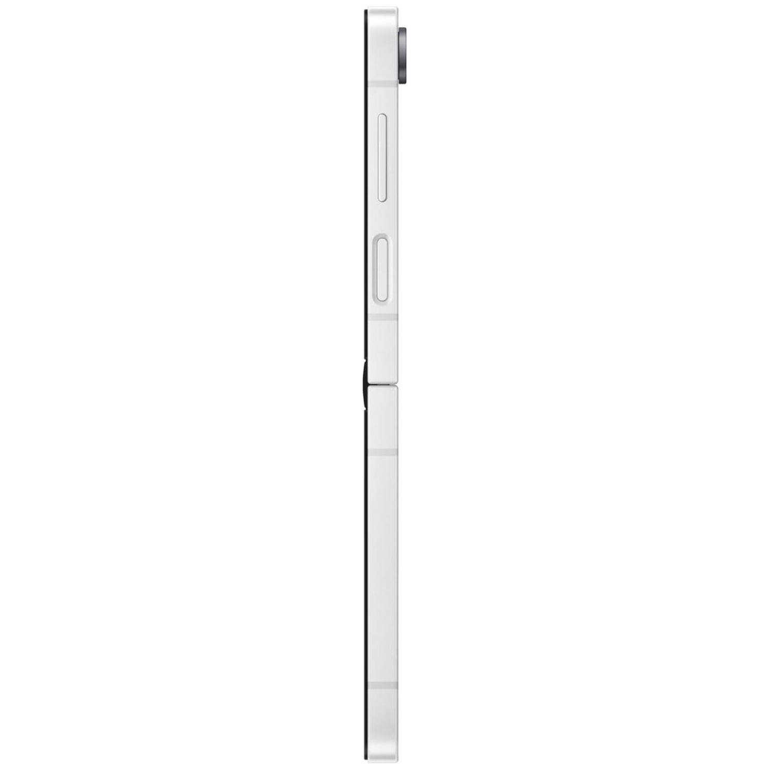 Closed white smartphone in profile, with camera lens at the top.