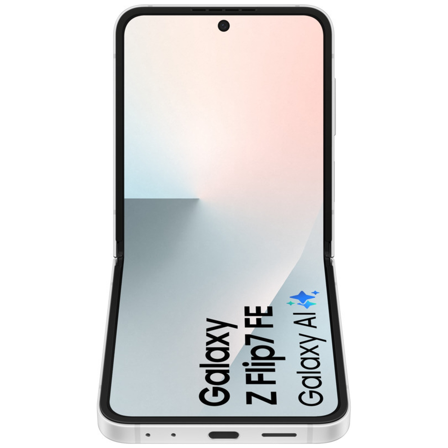 An open, silver flip phone displaying text 'Galaxy Z Flip7 FE Galaxy AI' on screen.