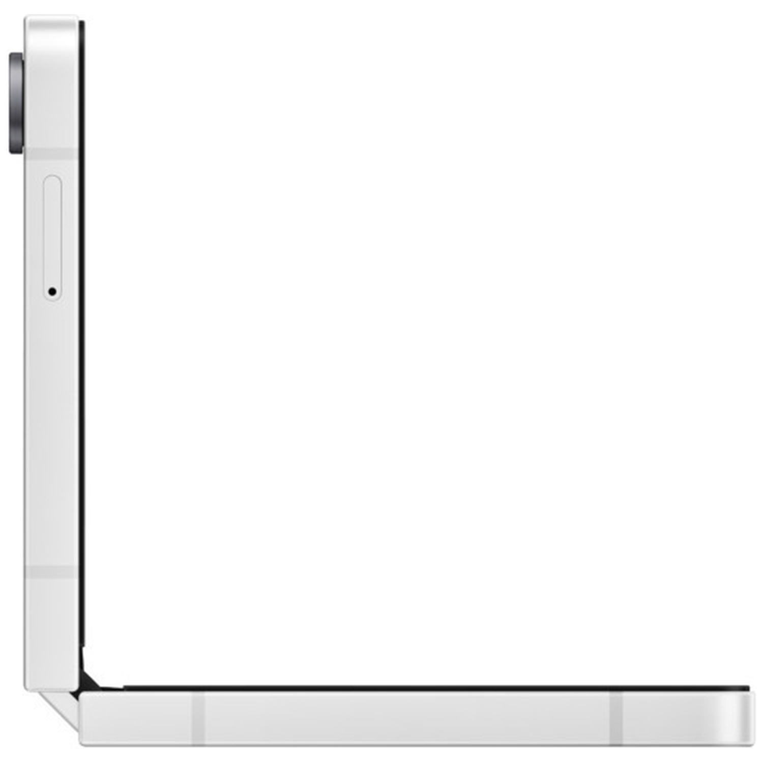A white flip phone, open upright and to the side, with a black camera module.