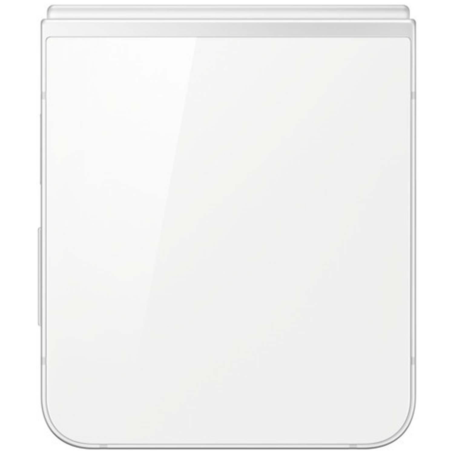 A closed, white flip phone with a smooth surface.