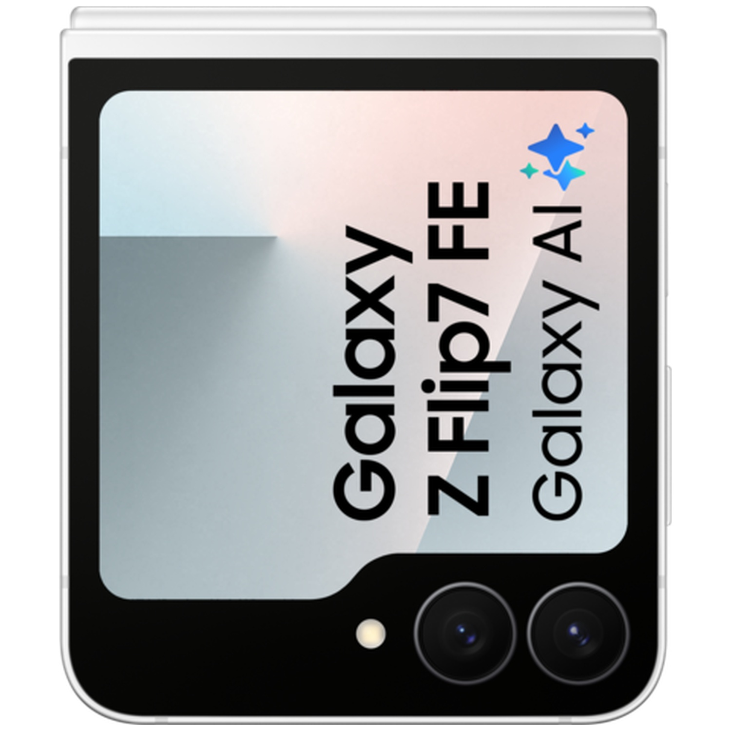 An open white Samsung Galaxy Z Flip 7 FE smartphone with a dual camera.