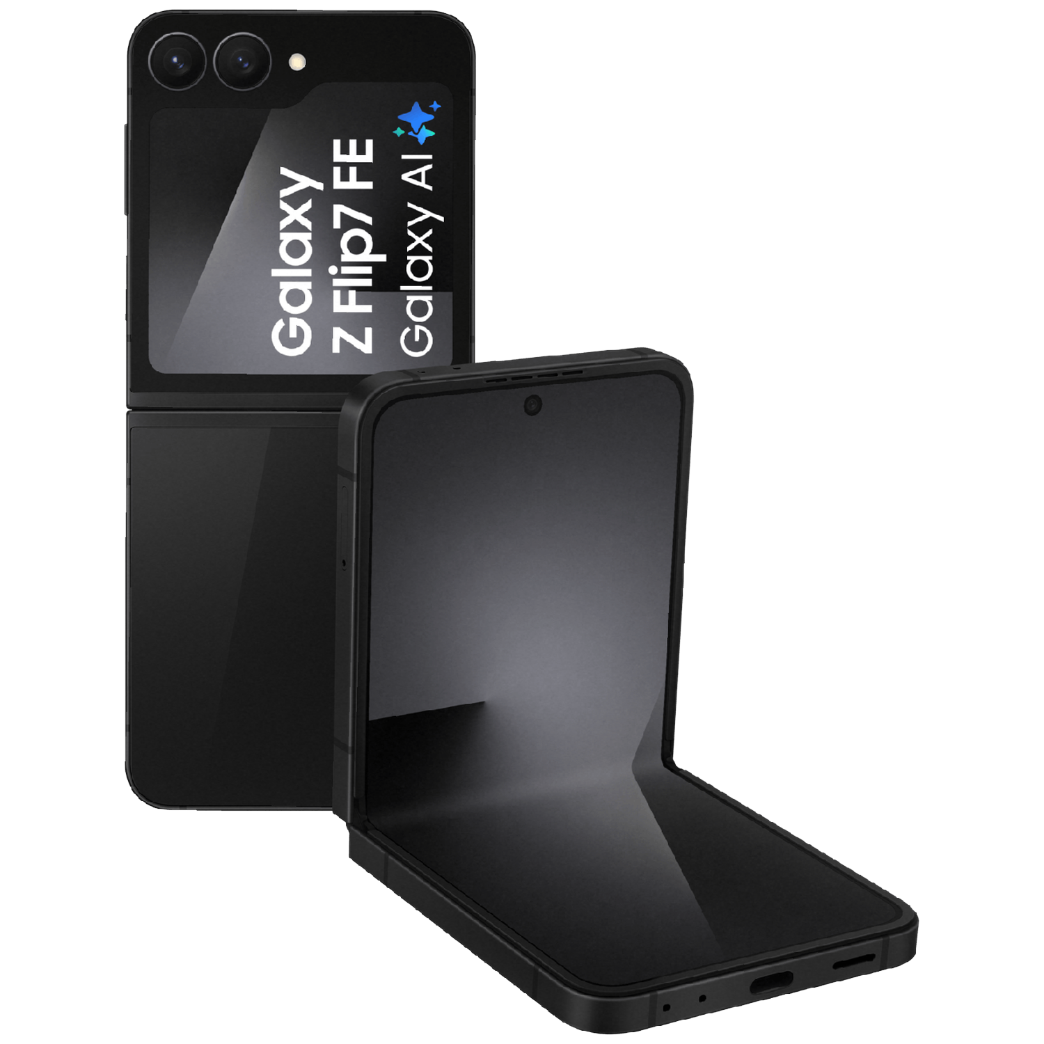 Two black Samsung Galaxy Z Flip7 FE phones, one open and one closed.
