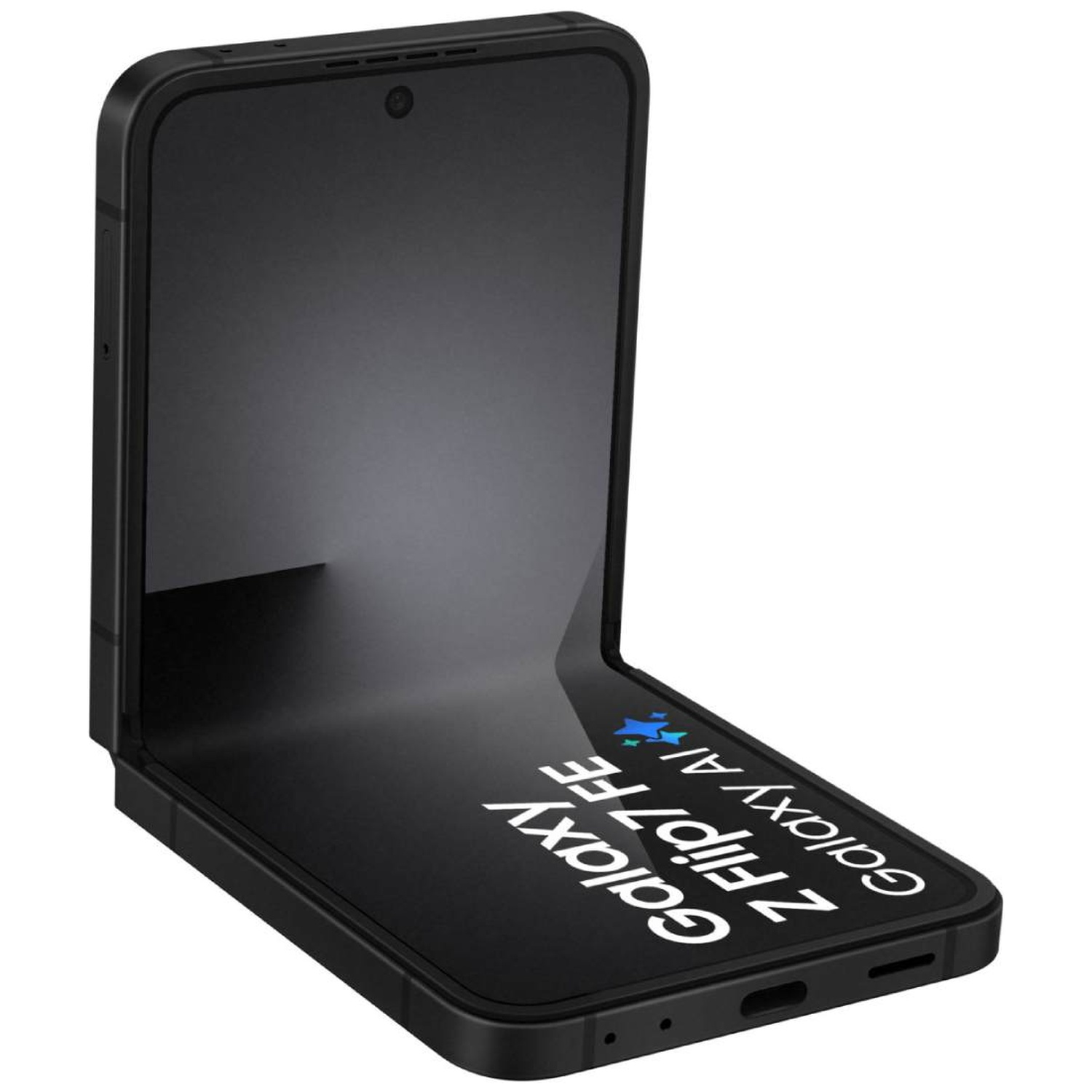 A black foldable phone is open and displayed on a white background.