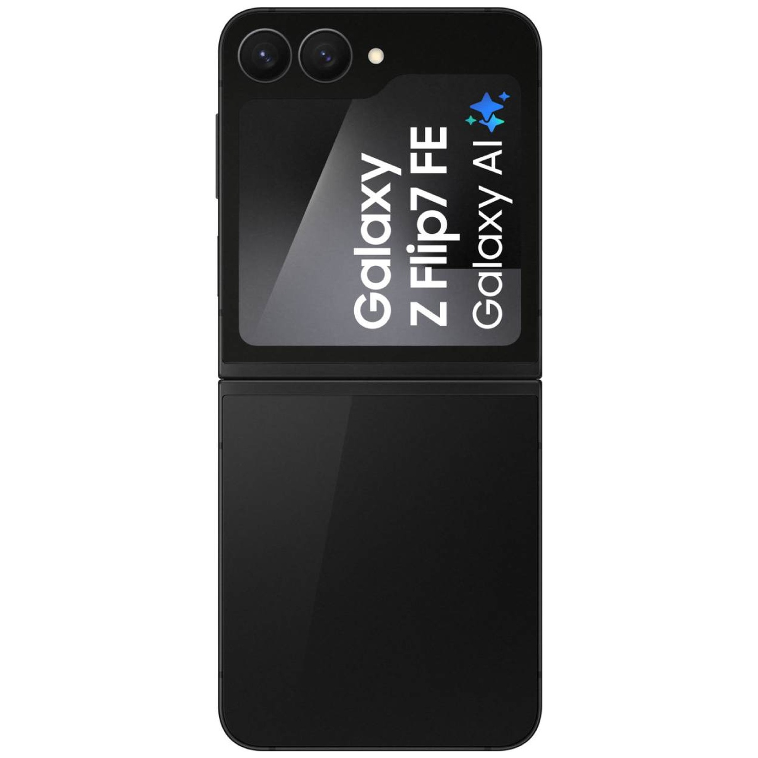 Black flip phone with two cameras on top and text on the screen.